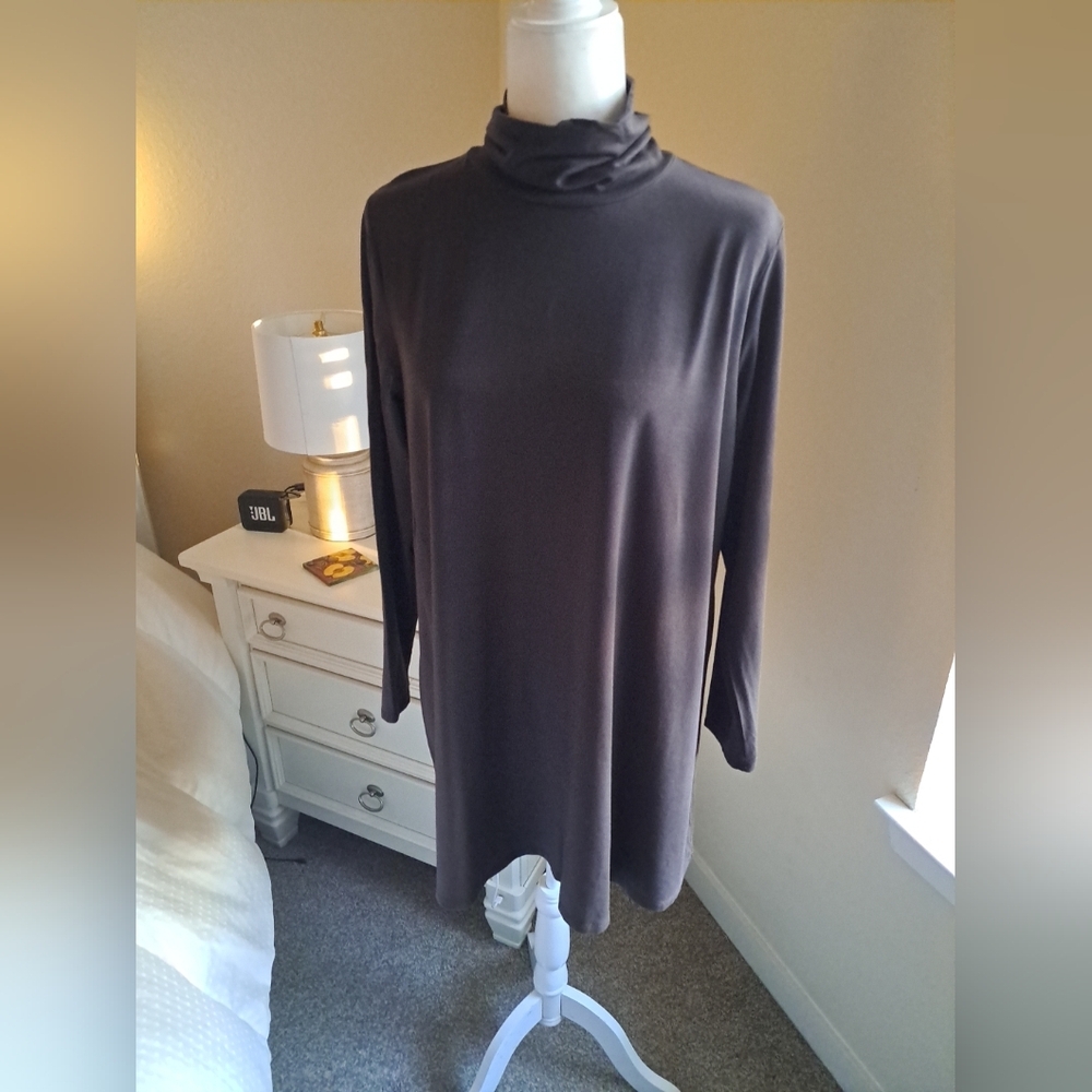 Eileen Fisher Scrunch Neck Top Tunic Size L Brown Excellent Condition